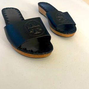 Tory Burch Black and Cork Wedge Sandals 6.5